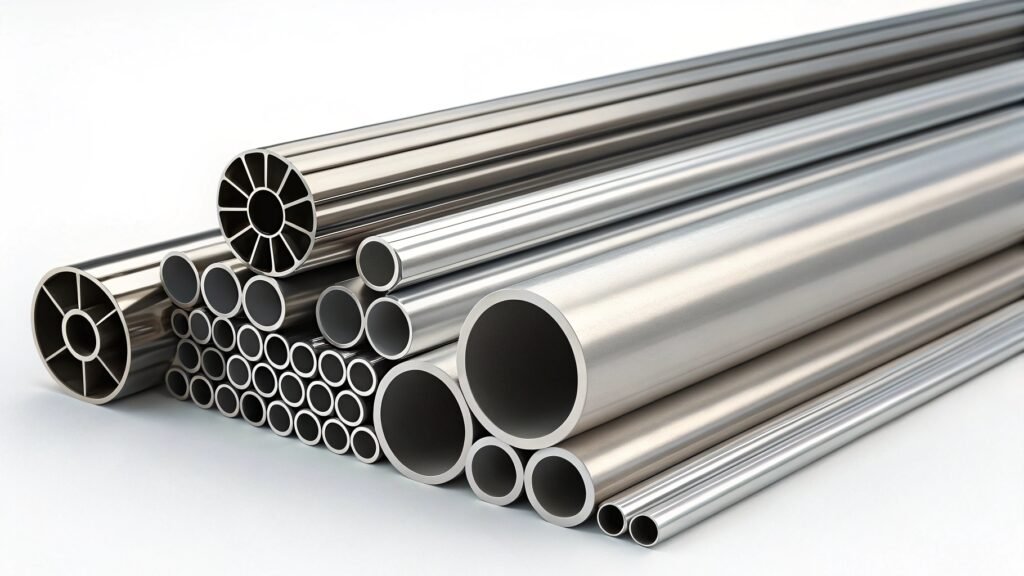 Several aluminum pipes showing various diameters and wall thicknesses